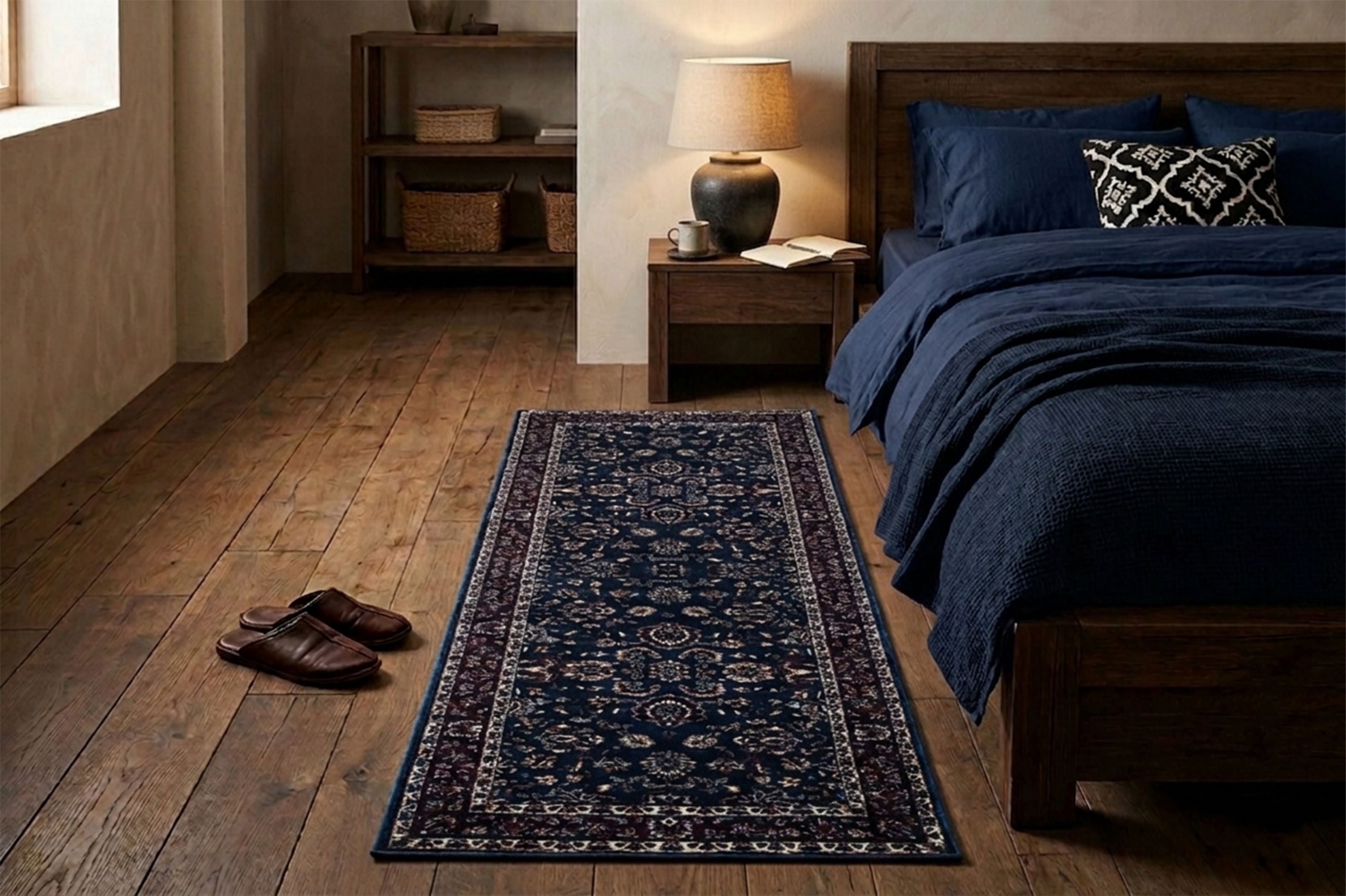 Premium Floral Persian Pattern Digital Print Area Rug | Navy Blue, Burgundy Red, and Cream Medallion Accent Rug - Decovia