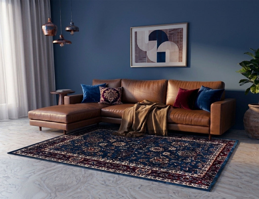 Premium Floral Persian Pattern Digital Print Area Rug | Navy Blue, Burgundy Red, and Cream Medallion Accent Rug - Decovia