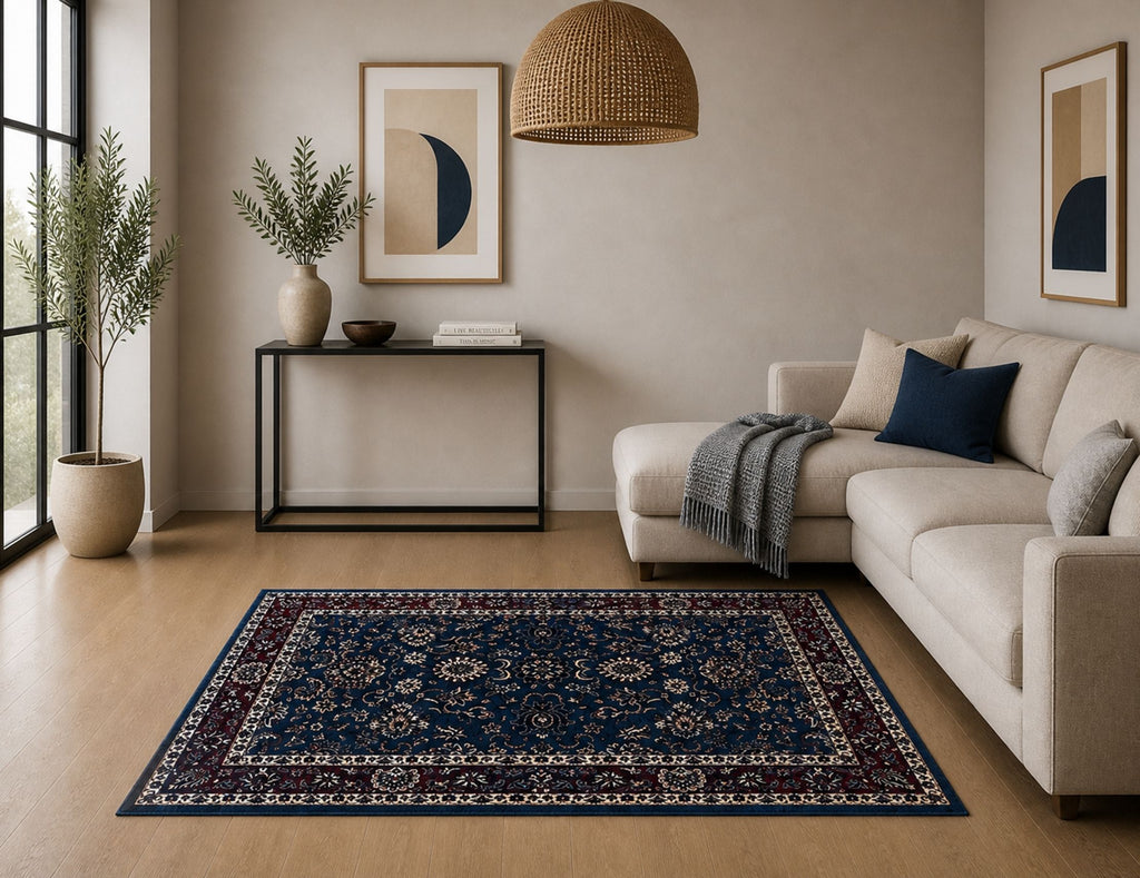 Premium Floral Persian Pattern Digital Print Area Rug | Navy Blue, Burgundy Red, and Cream Medallion Accent Rug - Decovia