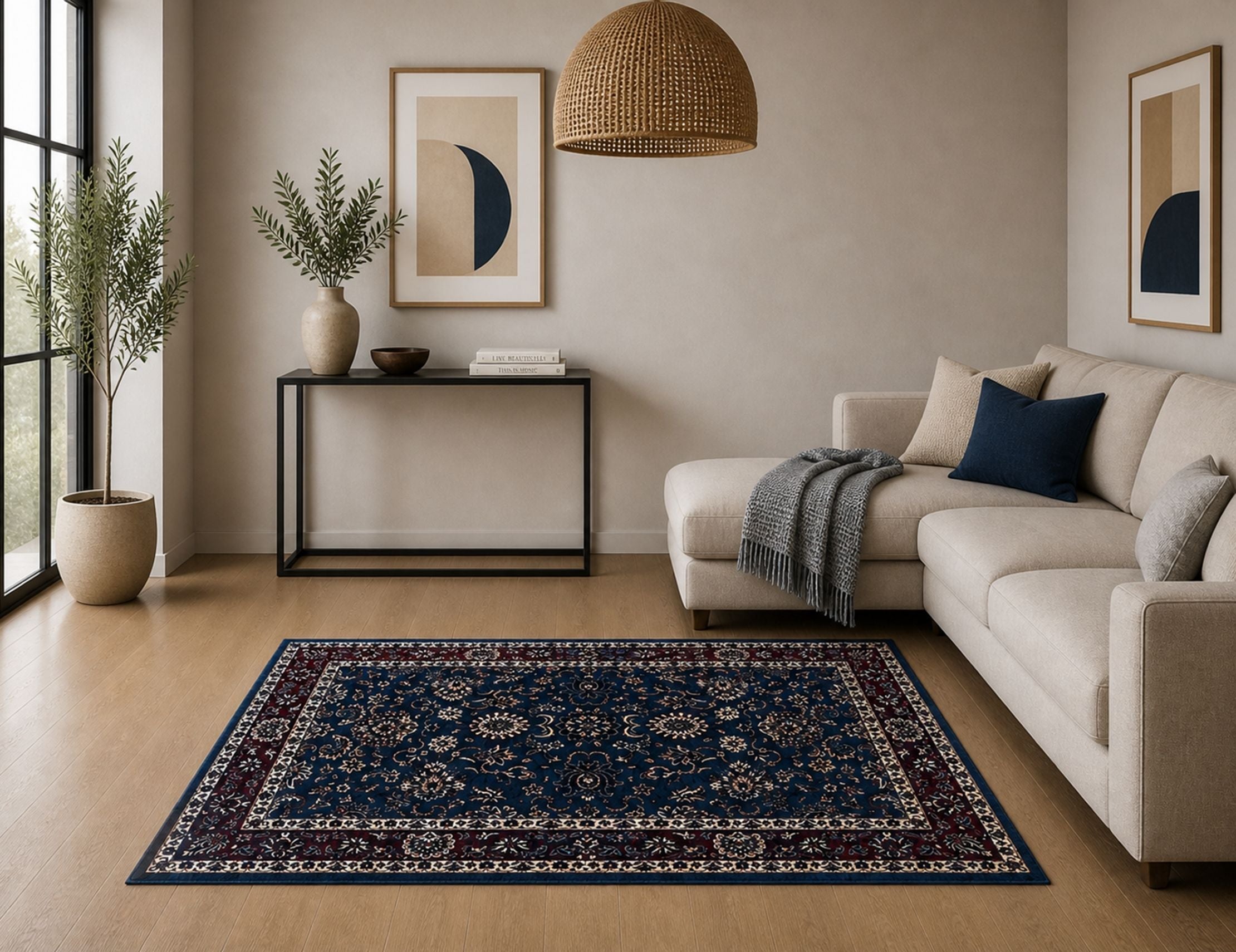 Premium Floral Persian Pattern Digital Print Area Rug | Navy Blue, Burgundy Red, and Cream Medallion Accent Rug - Decovia