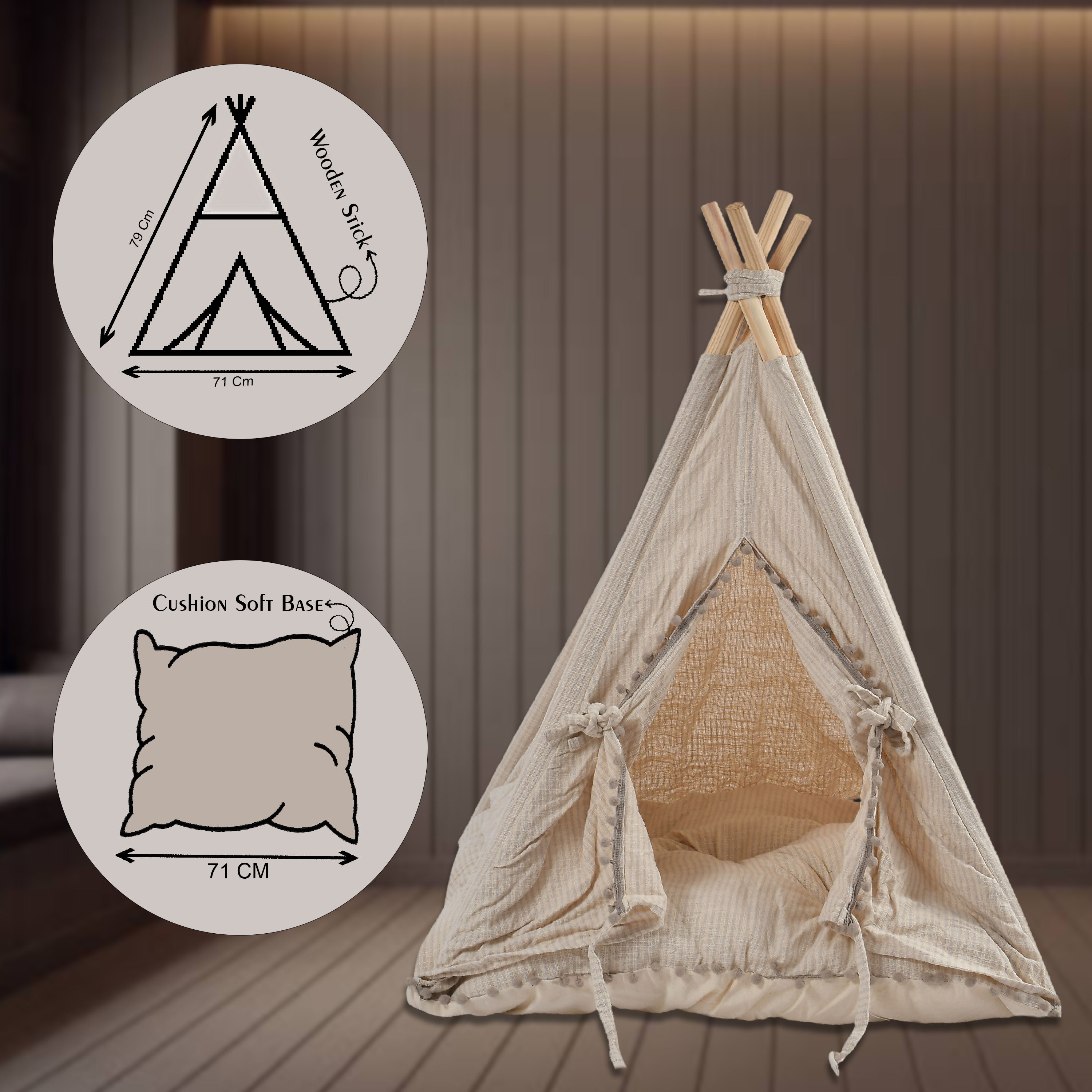 Funny Pet Teepee Tent for Dogs & Cats – Soft Cotton Canvas with Wooden Frame