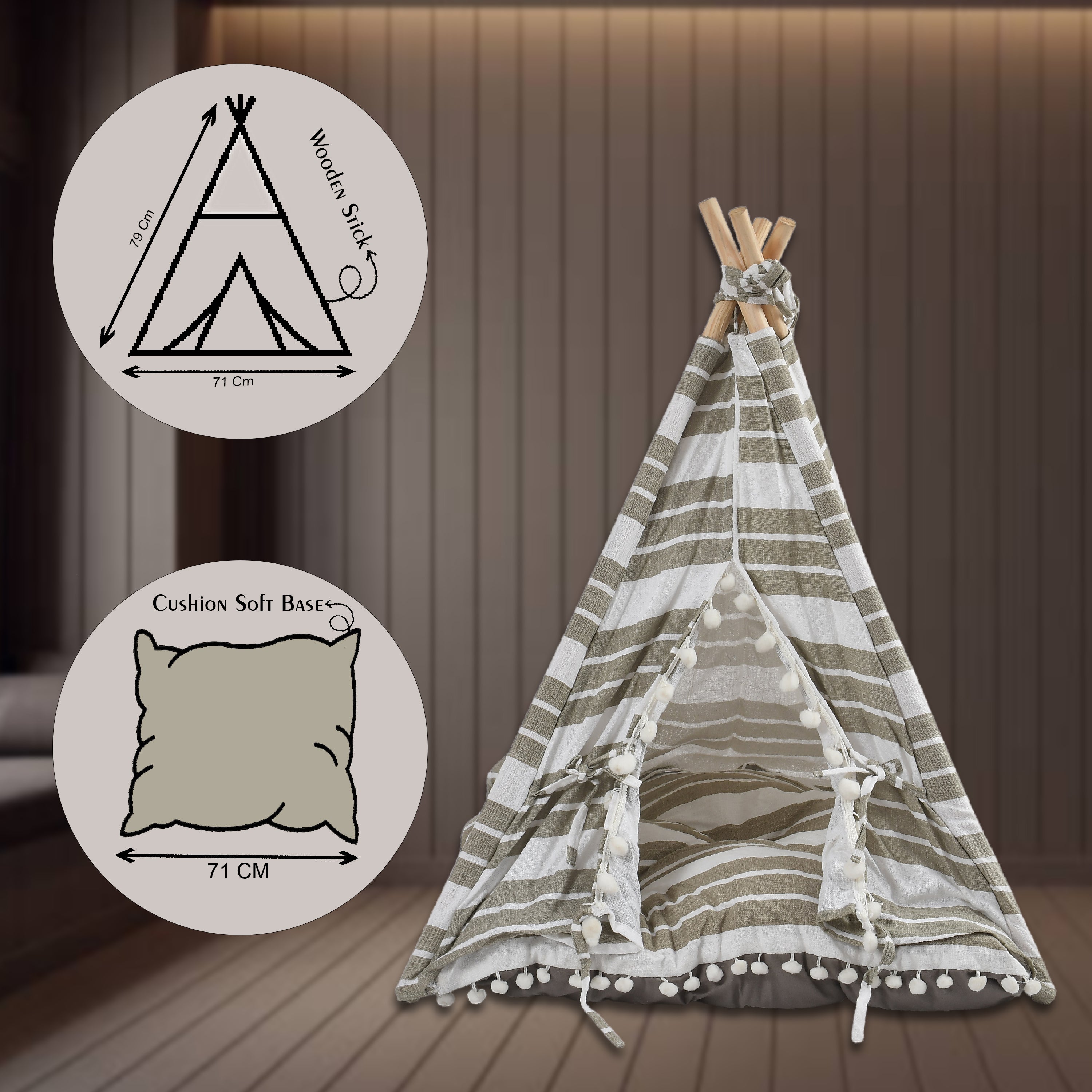 Funny Pet Teepee Tent for Dogs & Cats – Soft Cotton Canvas with Wooden Frame