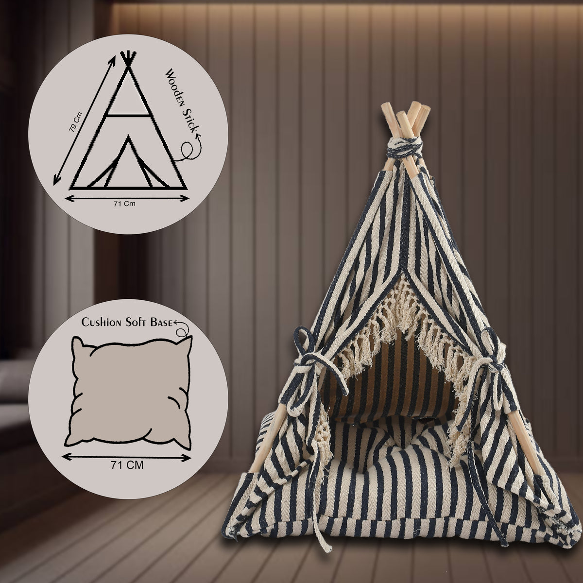 Funny Pet Teepee Tent for Dogs &amp; Cats – Soft Cotton Canvas with Wooden Frame