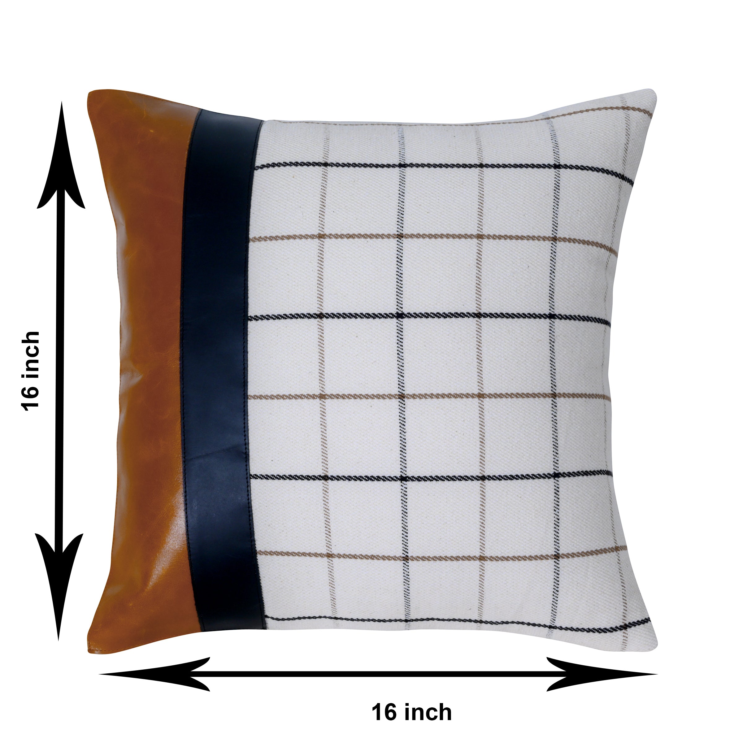 Leather & Checkered Cotton Cushion Cover