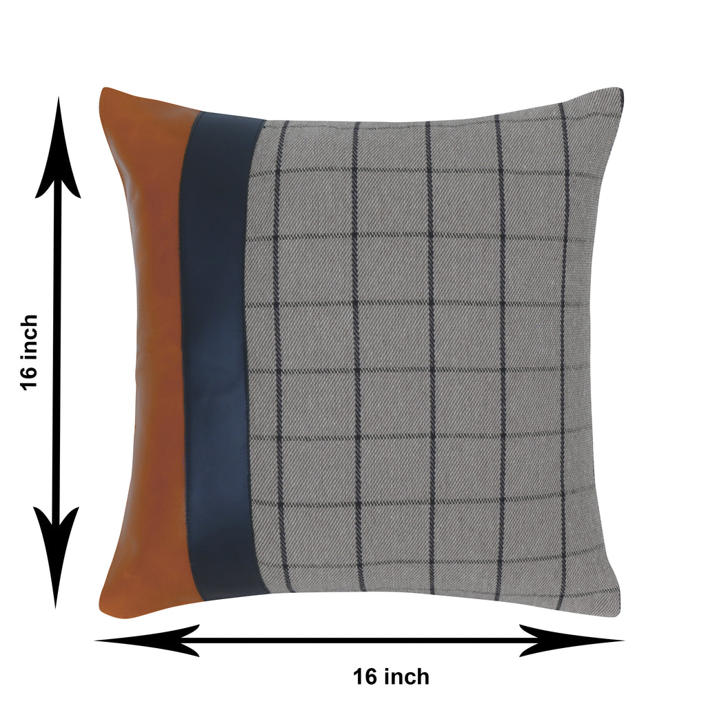Grey Checkered Cushion with Leather Accents