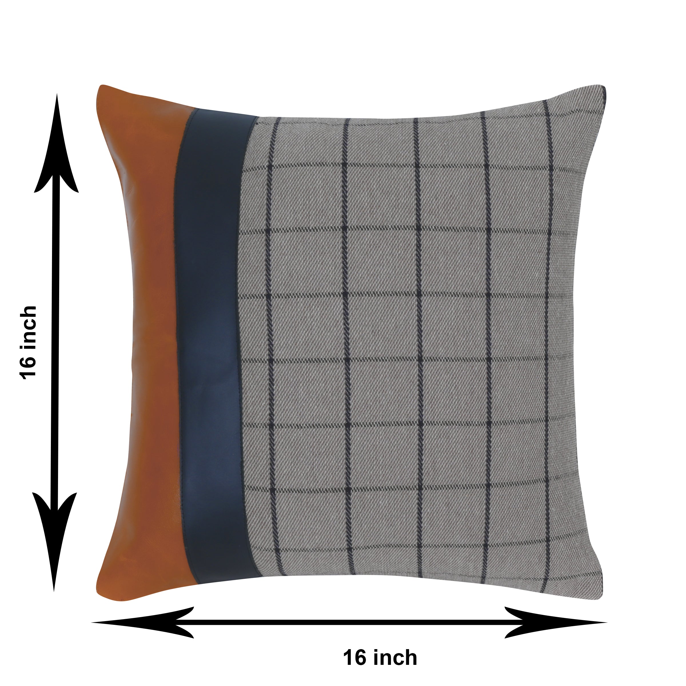 Grey Checkered Cushion with Leather Accents