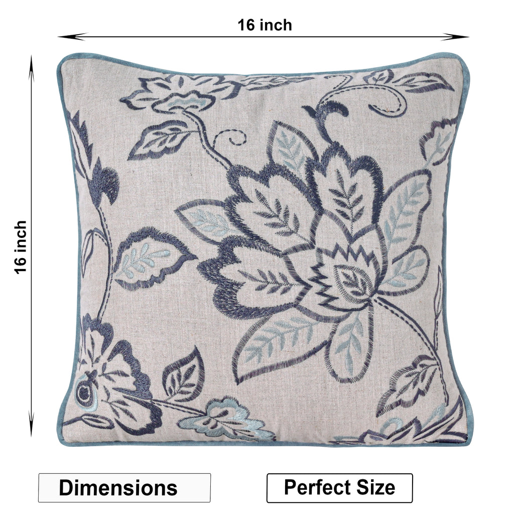 Blue Floral Embroidered Linen Pillow