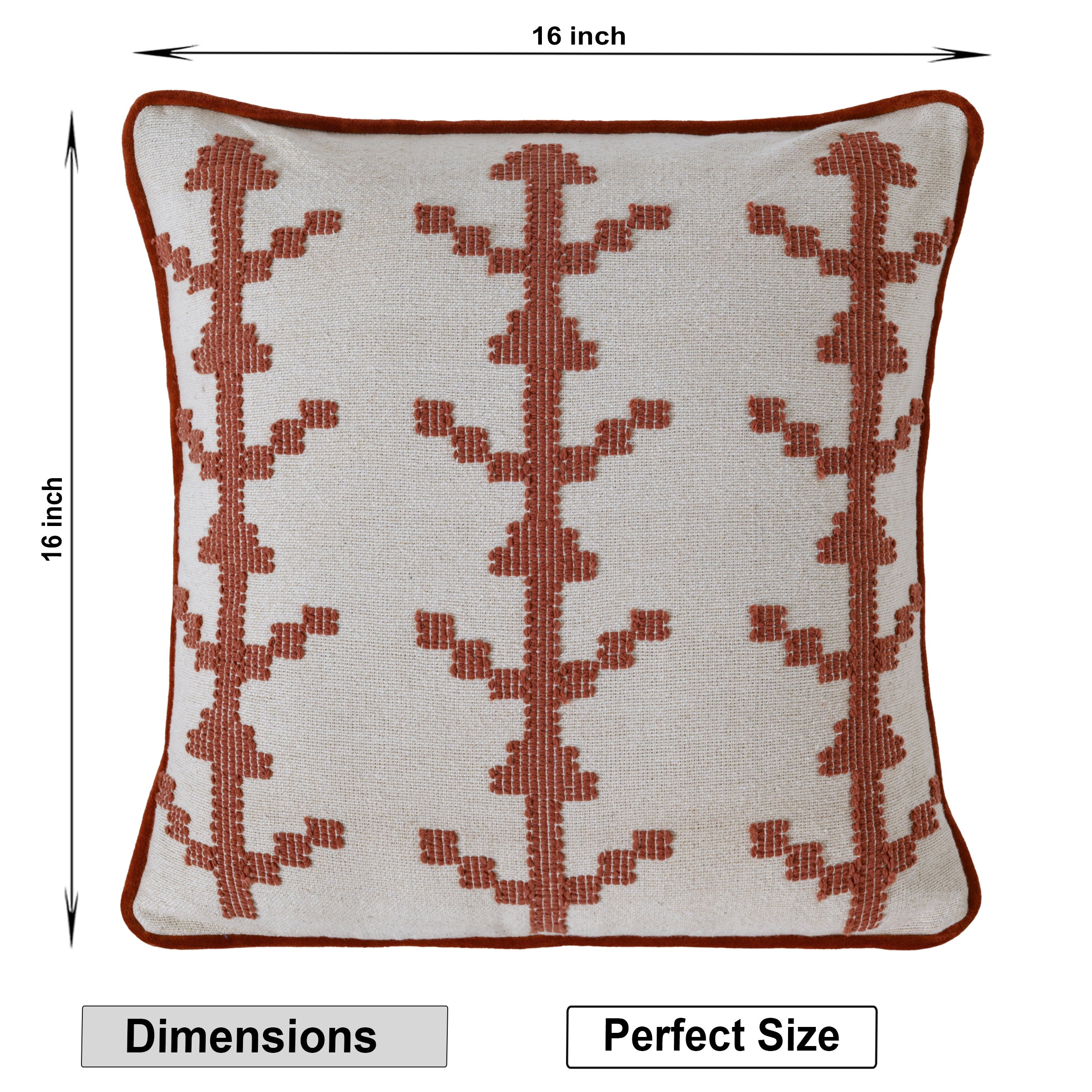 Boho Square Cushion Cover | Terracotta Rust Embroidered Geometric Pattern – Cream Cotton Canvas Decorative Pillow Case for Couch, Sofa, and Living Room Set of 1 Pc