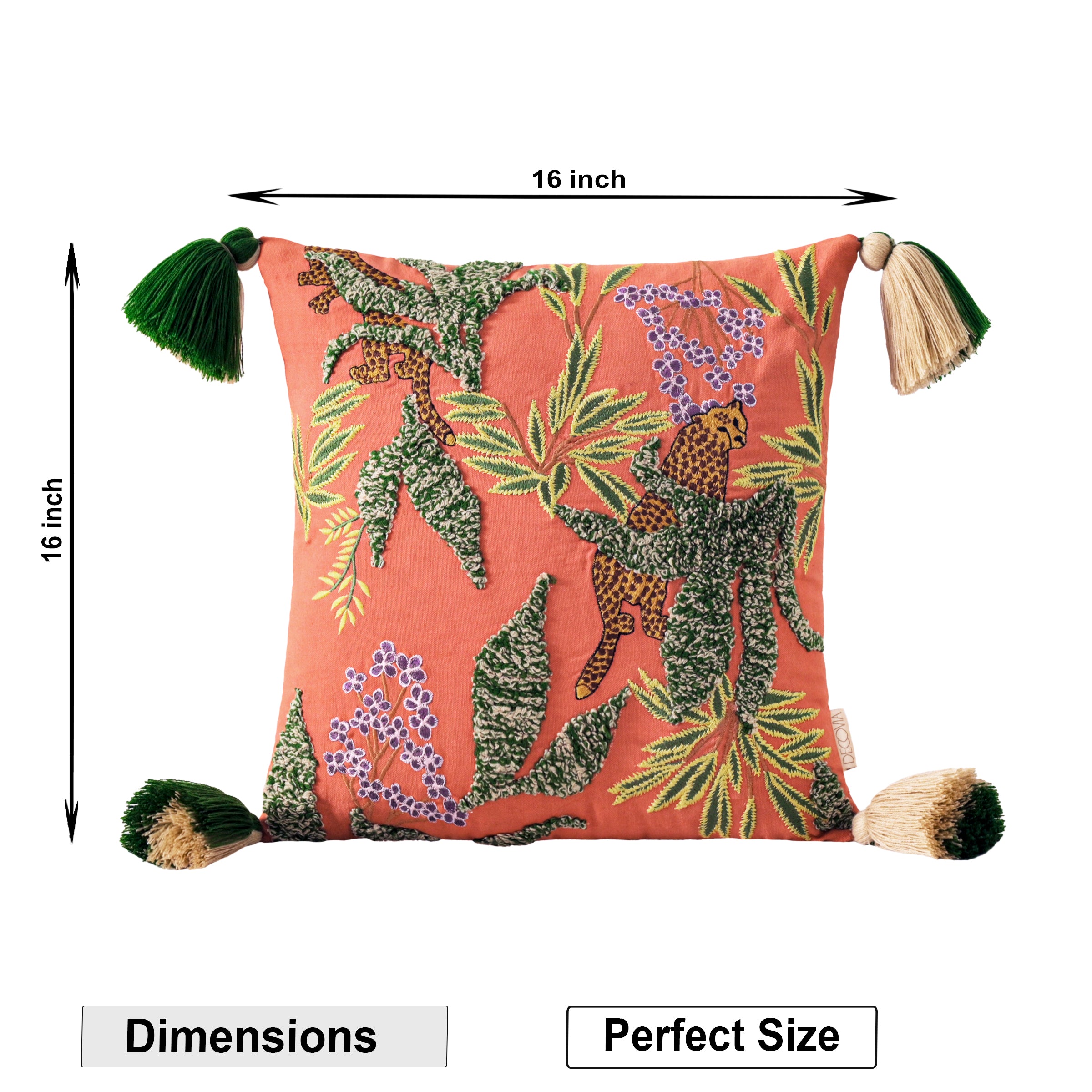 Hand-Embroidered Leopard Cushion Cover | Square Decorative Pillow Case with Tassels Set of 1 Pc