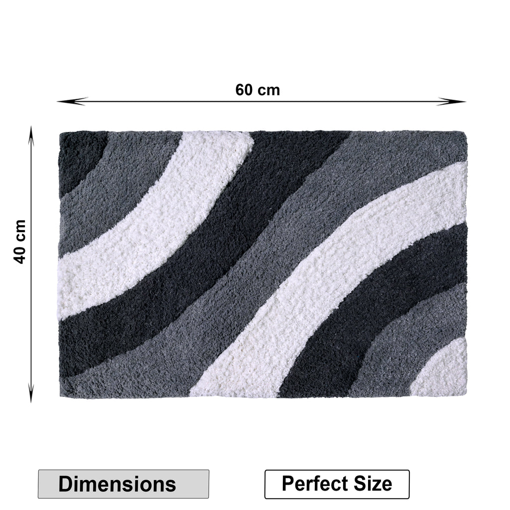 Wave Pattern Microfiber Bath Mat - Grey & White Abstract Shag Rug (40 x 60 cm)