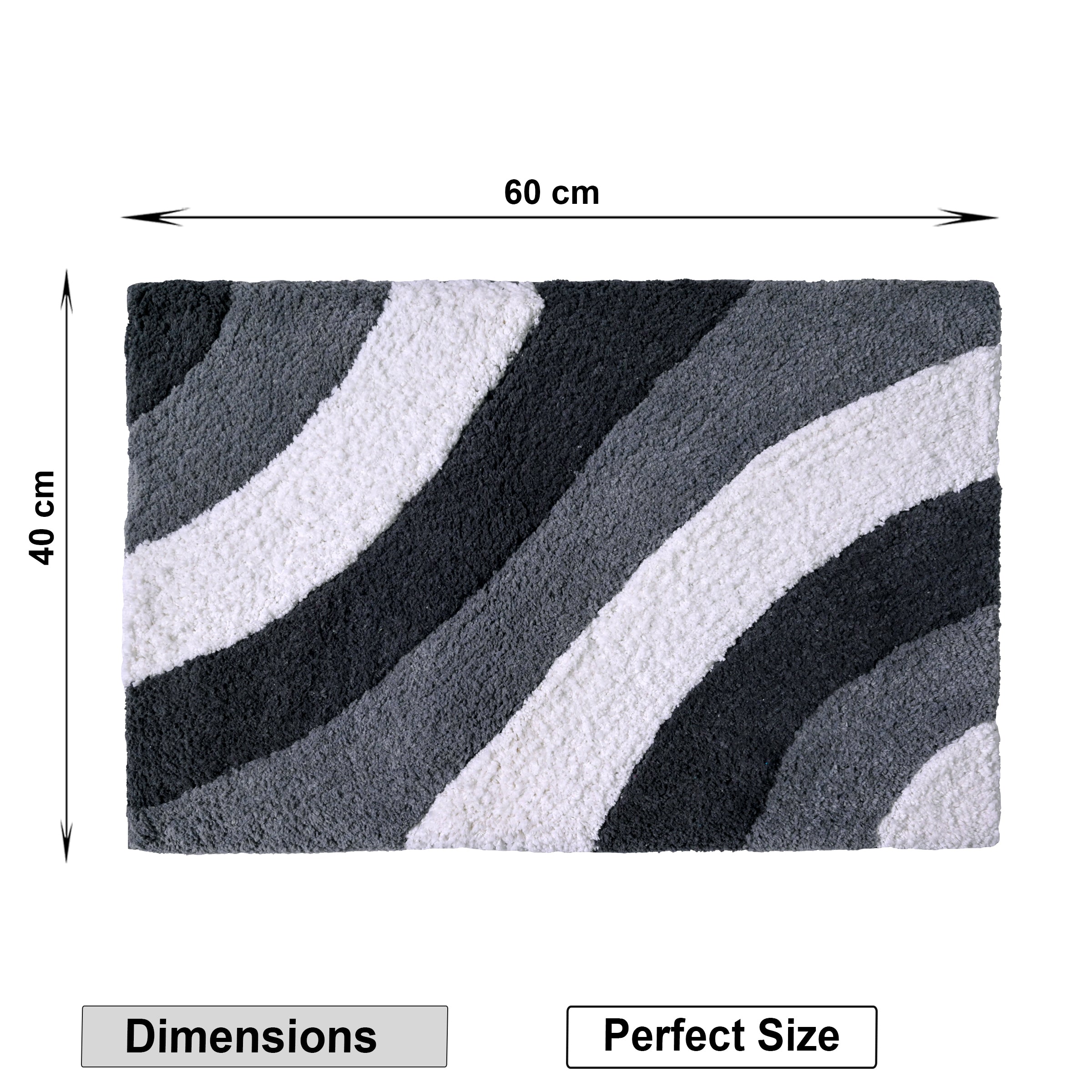Wave Pattern Microfiber Bath Mat - Grey & White Abstract Shag Rug (40 x 60 cm)