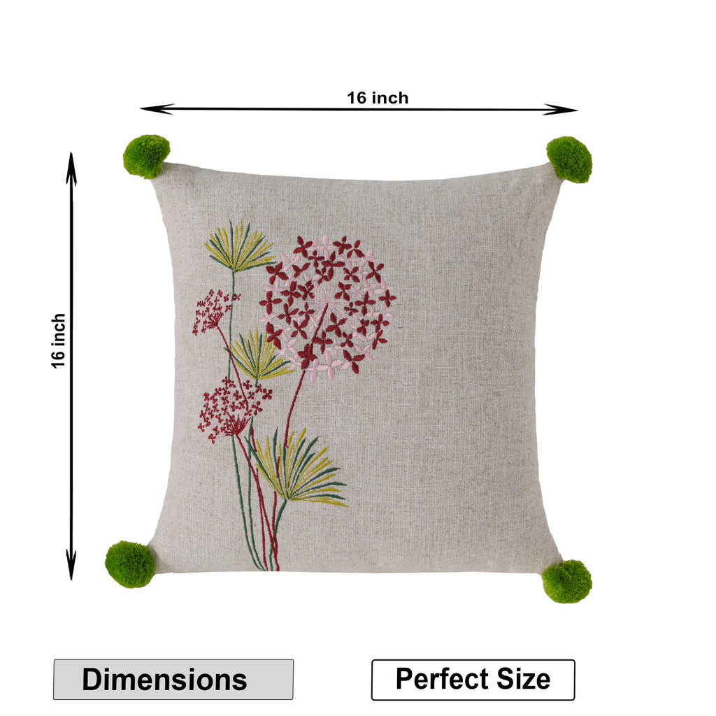 Floral Embroidered Square Cushion Cover with Green Pom-Pom Accents Set of 1 Pc