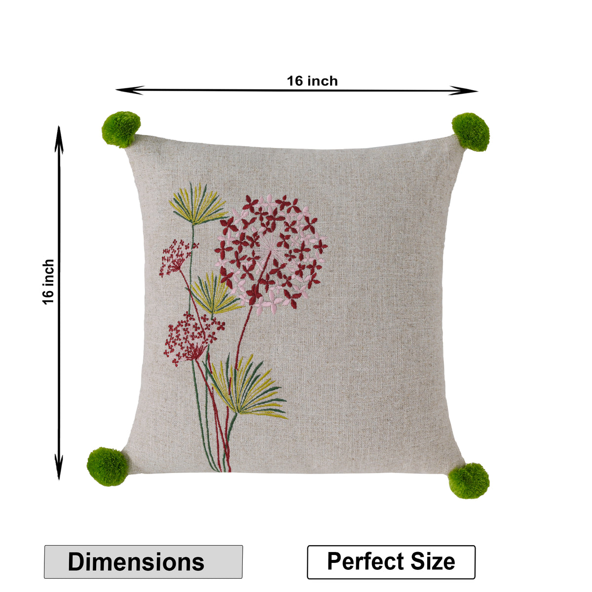 Floral Embroidered Square Cushion Cover with Green Pom-Pom Accents Set of 1 Pc