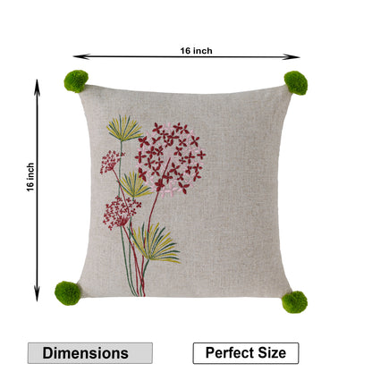 Floral Embroidered Square Cushion Cover with Green Pom-Pom Accents Set of 1 Pc