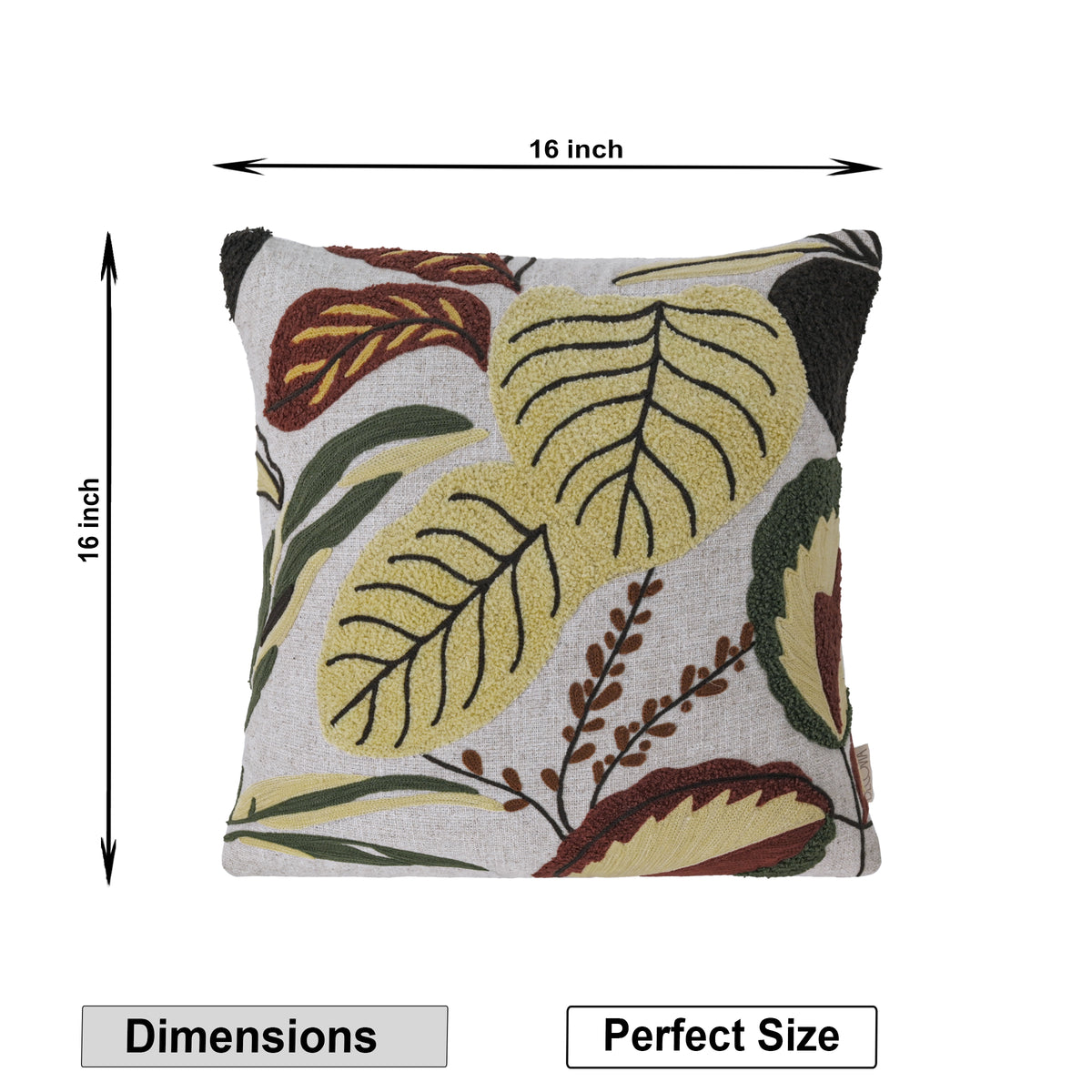 Decorative Hand-Embroidered Tropical Leaf Tufted Pillow Cover | Square Accent Cushion Set of 1 Pc