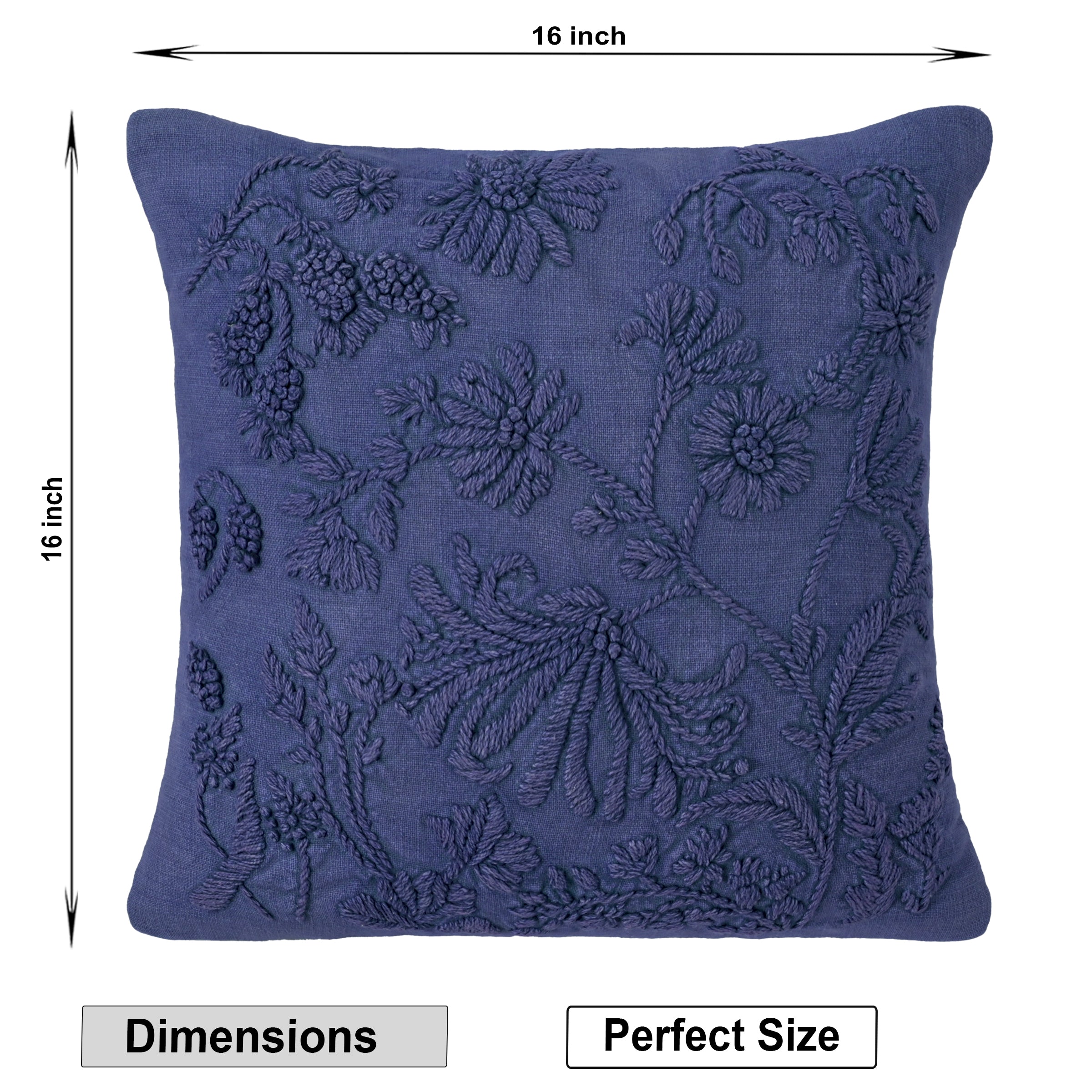 Hand-Embroidered Floral Decorative Pillow Cover | Navy Blue Textured Cotton Linen Cushion Cover for Sofa, Couch, and Bedroom Set of 1 Pc