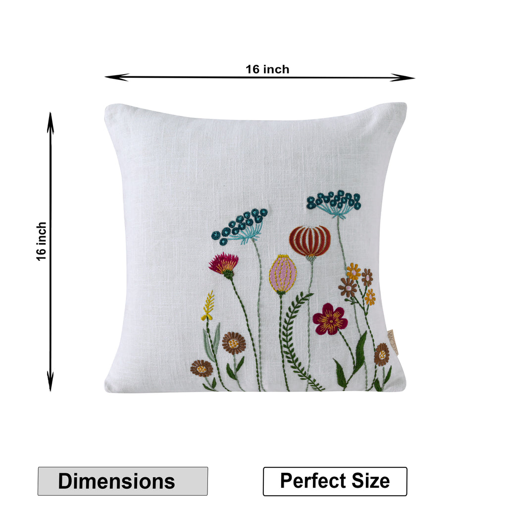 Boho Wildflower Garden Embroidered Pillow Cover | Square Botanical Accent White Set of 1 Pc