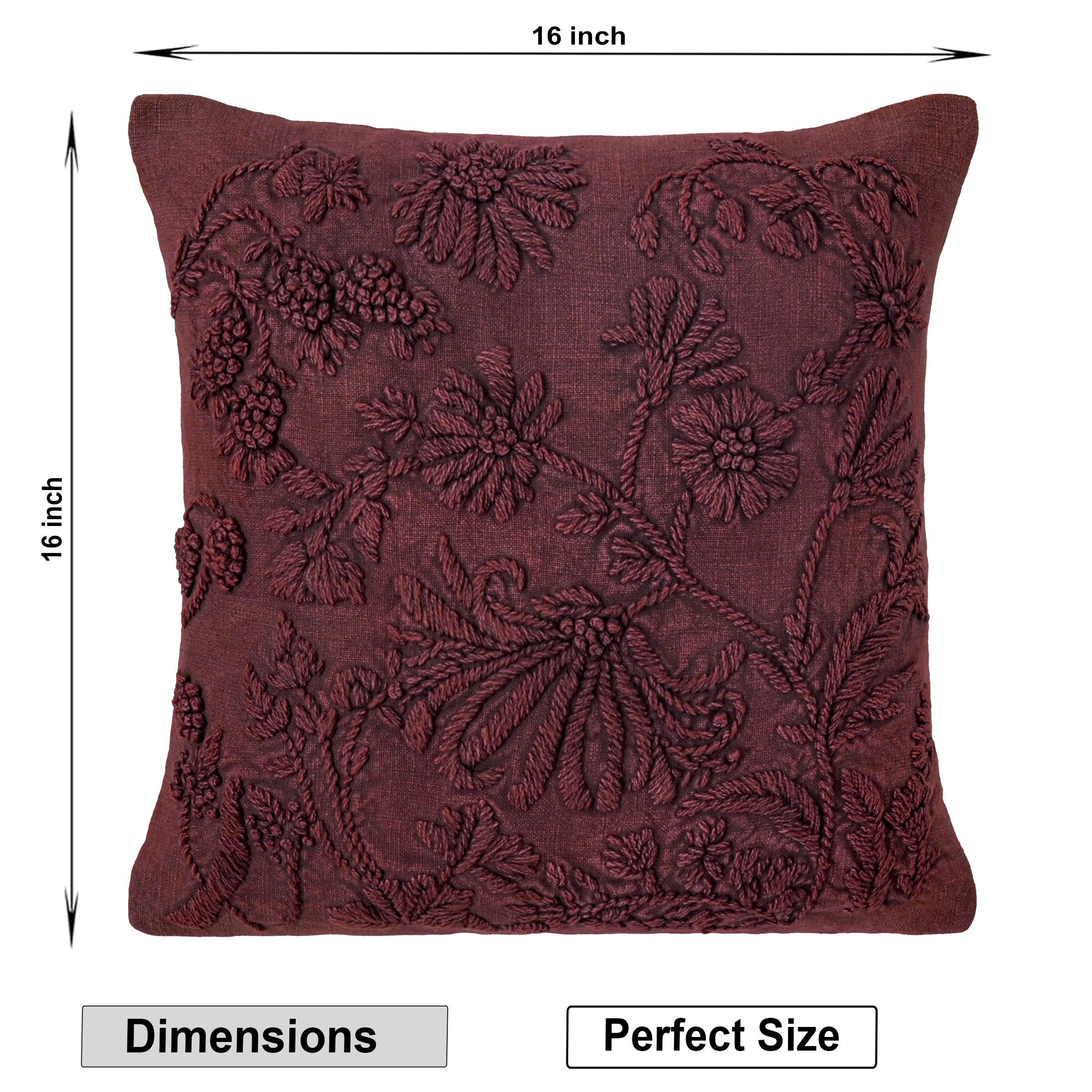 Hand-Embroidered Floral Cushion Cover | Deep Burgundy Textured Pillow Cover Set of 1 Pc
