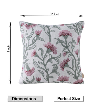 Decovia Floral Embroidered Decorative Pillow Cover | Pink and Green Flower Pattern Set of 1 Pc