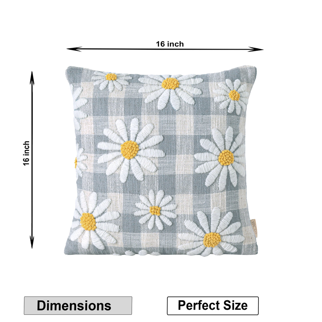 Daisy Flower Embroidery Cushion Cover | Blue & White Check Square Cushion Set of 1 Pc