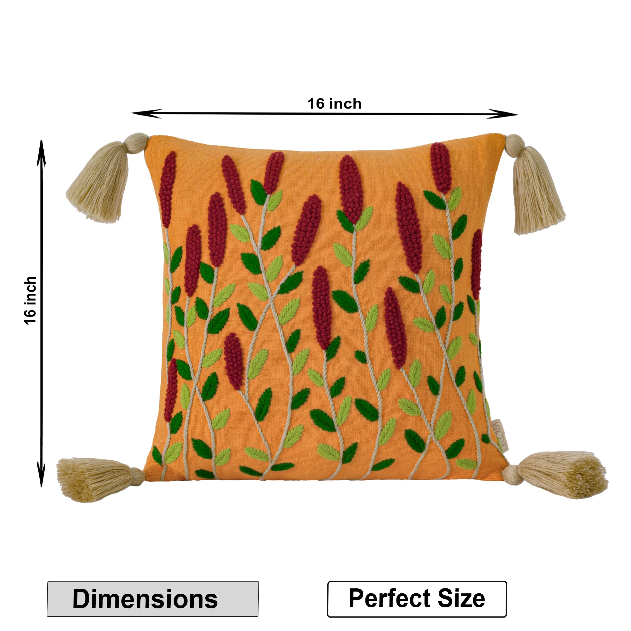 Embroidered Wildflower Tassel Cushion Cover | Square Decorative Pillowcase – Mustard Yellow with Burgundy Floral Accents Set of 1 Pc