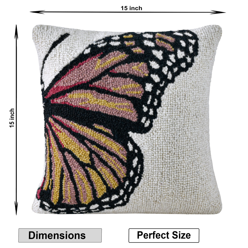 Hand-Hooked Butterfly Decorative Pillow Cover | Square Accent Cushion – Textured Cream & Dusty Rose Home Decor Set of 1 Pc
