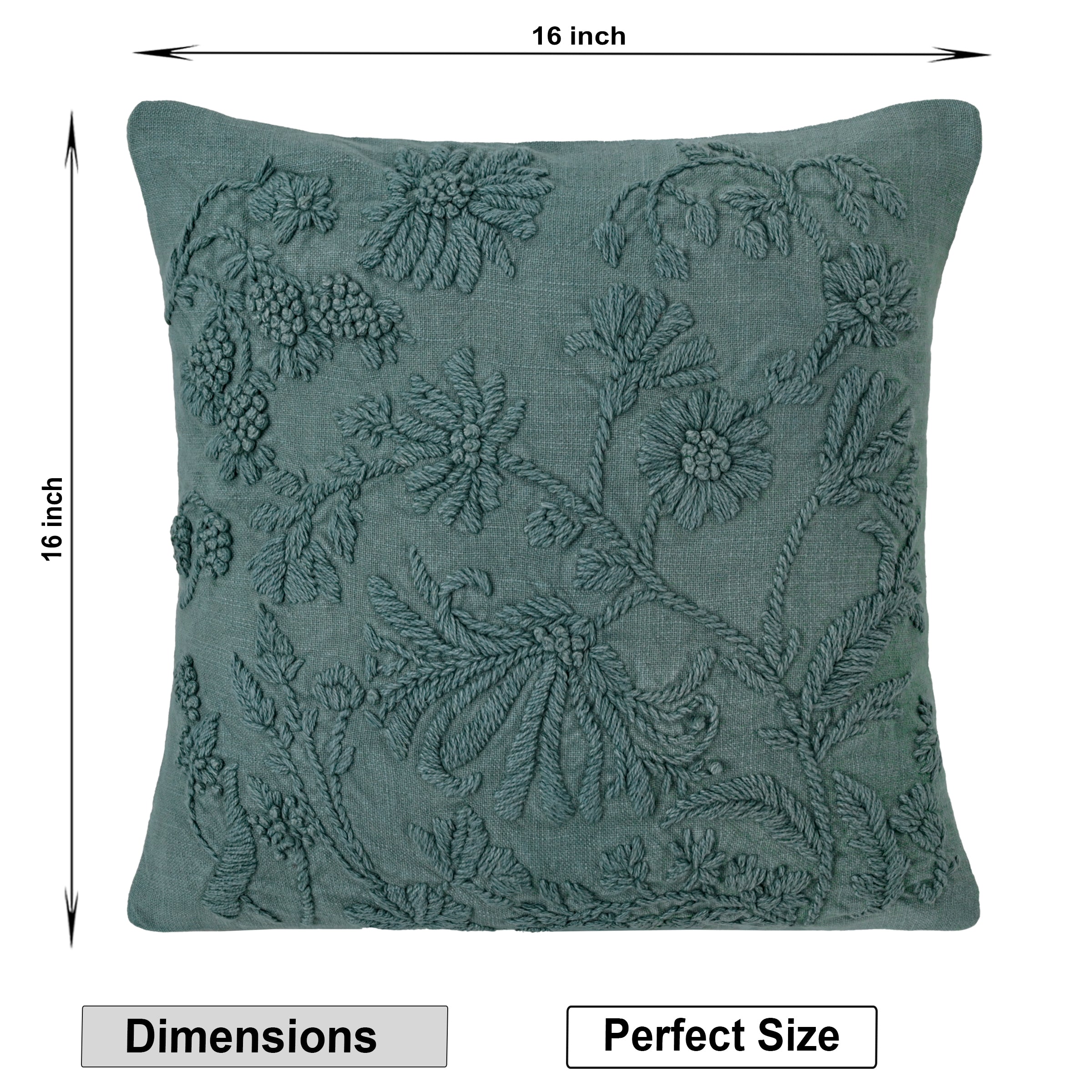 Hand-Embroidered Floral Cushion Cover | Teal Textured Pillow Cover for Sofa & Home Decor Set of 1 Pc