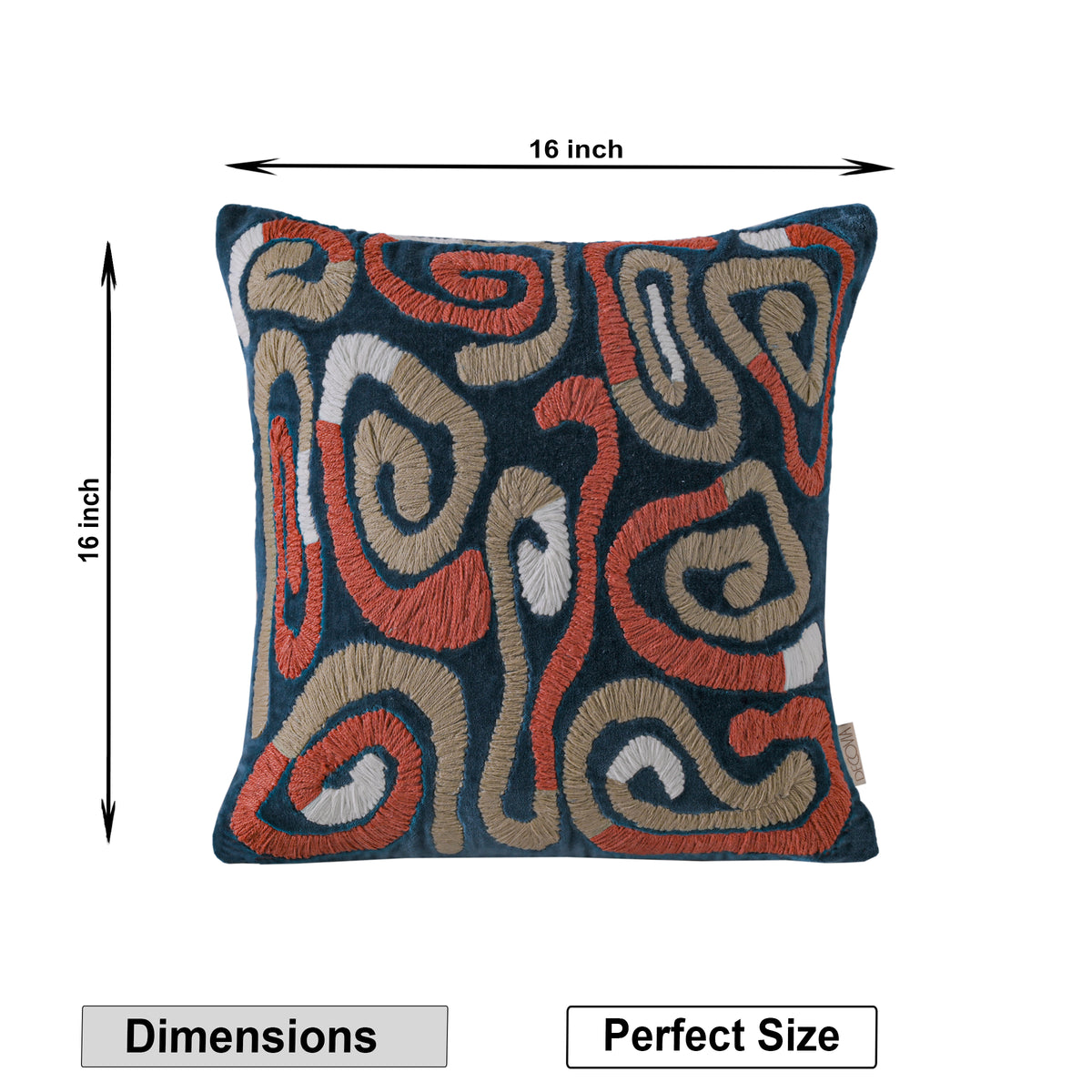 Modern Abstract Embroidered Velvet Cushion Cover | Navy Blue &amp; Terracotta Swirl Design Set of 1 Pc