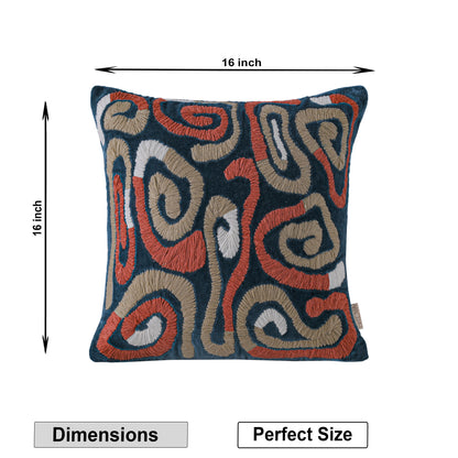 Modern Abstract Embroidered Velvet Cushion Cover | Navy Blue &amp; Terracotta Swirl Design Set of 1 Pc