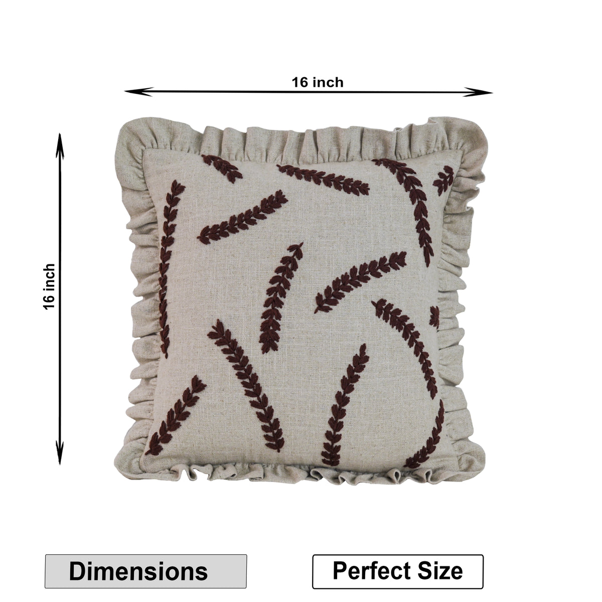 Embroidered Linen-Blend Ruffled Pillow Cover | Rustic Wheat Leaf Motif Decorative Cushion Cover Set of 1 Pc