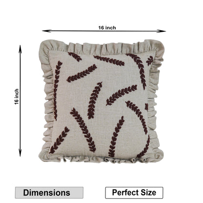 Embroidered Linen-Blend Ruffled Pillow Cover | Rustic Wheat Leaf Motif Decorative Cushion Cover Set of 1 Pc