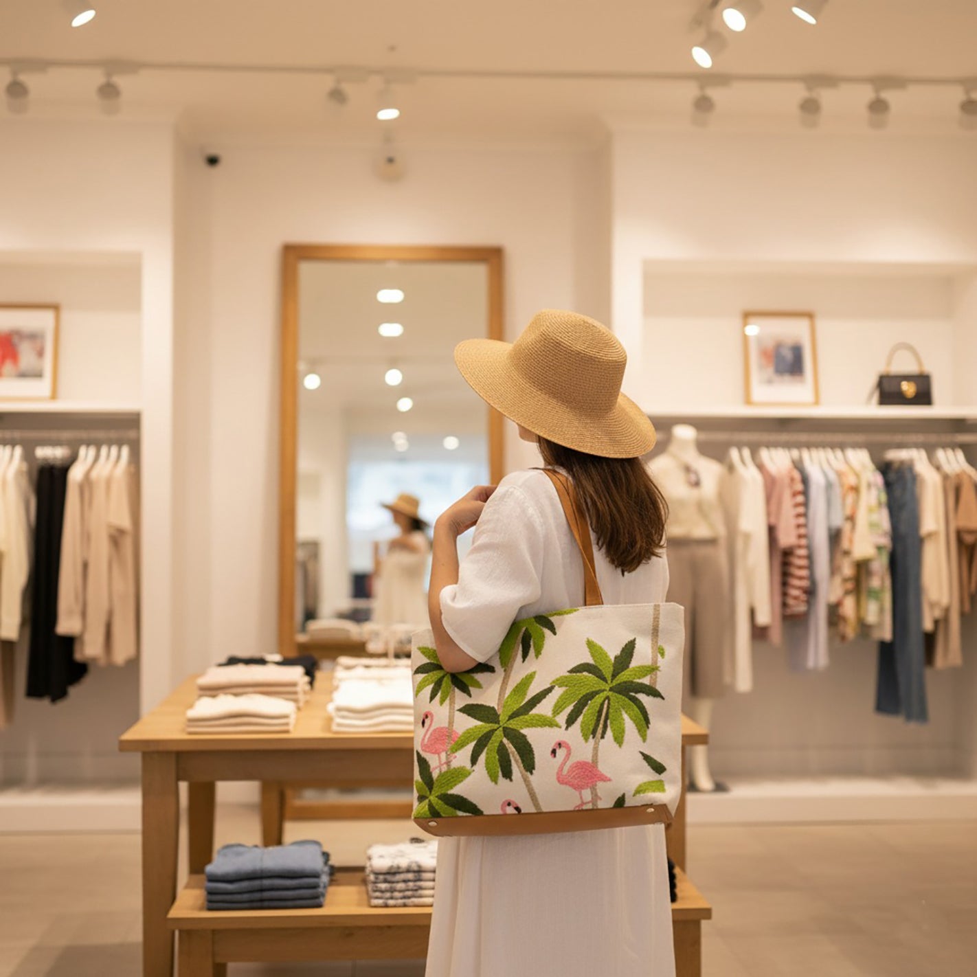 Handmade Flamingo Embroidered Canvas Tote Bag with Leather Straps