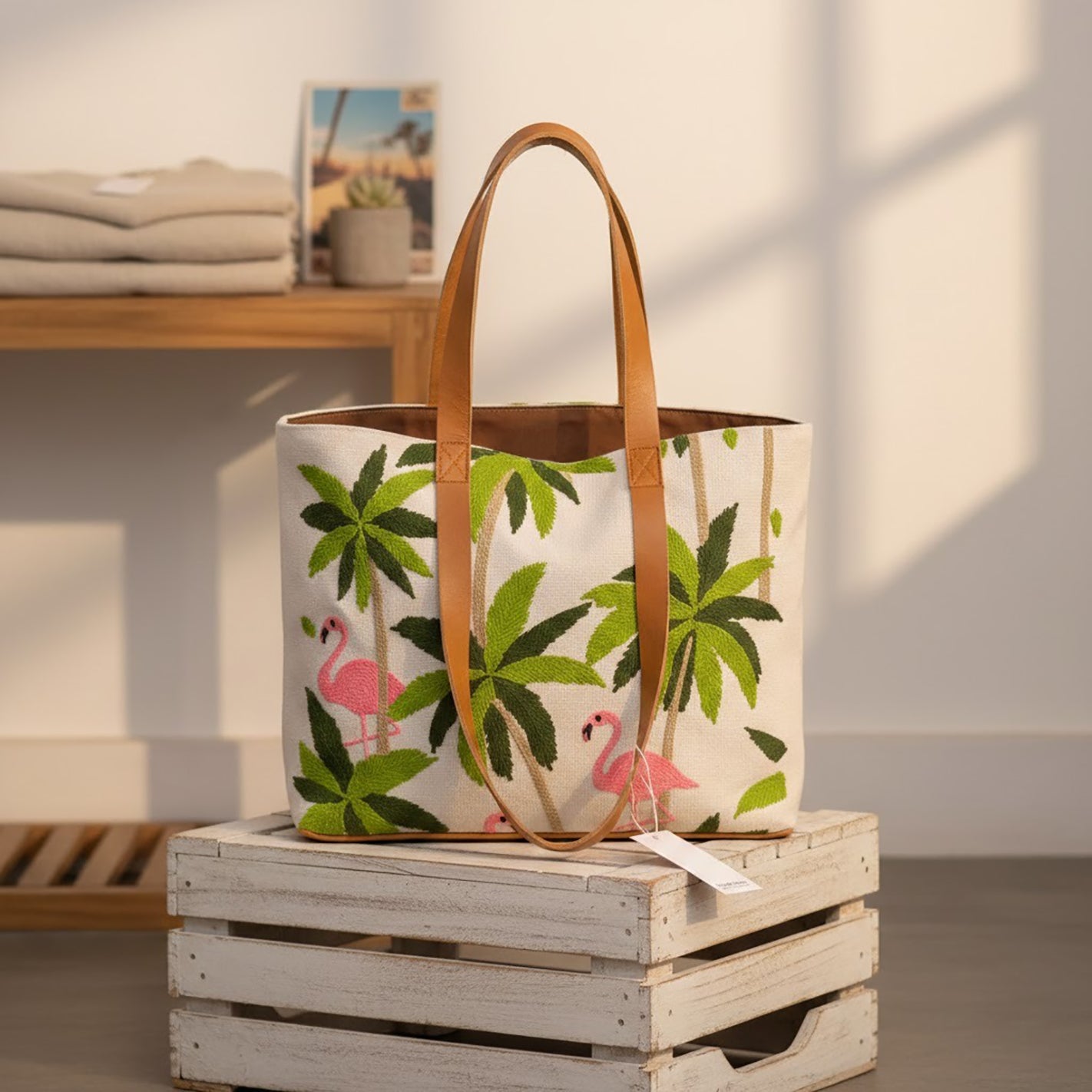 Handmade Flamingo Embroidered Canvas Tote Bag with Leather Straps